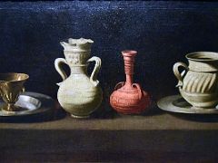 07A 1650-60 Still Life with Four Vessels - Francisco de Zurbaran - A series of vessels of metal and pottery are lined up on a shelf - Museu Nacional Art de Catalunya Barcelona Spain