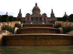 03A Looking up at the steep multi-level fountain leading to the Museu Nacional d Art de Catalunya Palau Nacional building on slopes of Montjuic Barcelona Spain