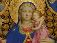 13B 1433-35 Virgin of Humility - Fra Angelico - detail The Child also holds a lily and rests His forehead on Her cheek - Museu Nacional Art de Catalunya Barcelona Spain