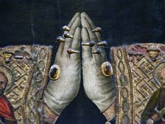 15B 1463-1470-75 Consecration of Saint Augustine - Jaume Huguet - detail of prayer hands with rings - Museu Nacional Art de Catalunya Barcelona Spain