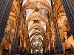 04A Looking past the choir to the high altar with the ceiling towering overhead Barcelona Cathedral Spain