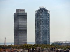 11A Torre Mapfre and Hotel Arts skyscrapers were built for the 1992 Olympic Games from the roof of the Barcelona Cathedral Spain