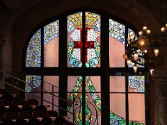 10B Stained glass window in the upper seating area Palau de la Musica Catalana Barcelona Spain