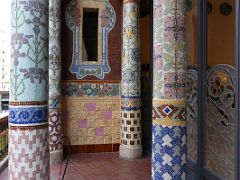 11D Ornate mosaic pillars on the balcony of Lluis Millet Hall Palau de la Musica Catalana Barcelona Spain