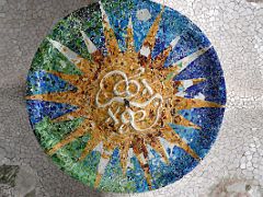 06C Hypostyle room ceiling has small domes using clay bricks decorated with tile-shard mosaics Park Guell Barcelona Spain