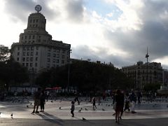 01C Placa Catalunya with building topped by a clock designed in 1931 as the Barcelona head office of Banco de Bilbao by Basque architect Eugenio Pedro Cendoya Spain