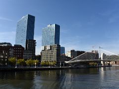 06B Zubizuri Calatrava Bridge Above the Nervion River With Twin 23-Floor Isozaki Towers Designed By Japanese architect Arata Isozaki Bilbao Spain