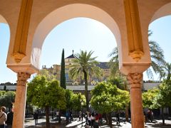 05B Columns Frame the Patio de los Naranjos Oranges With Tourists And The Mezquita Mosque Cathedral Cordoba Spain