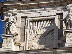 04C Philip V And Fernando VI Statues, Square Panel Showing Sun Passing Thru The Zodiac Close Up On Clock And Bell Tower At Royal Palace Madrid Spain