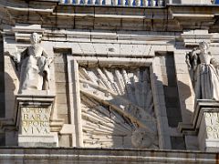 04D Barbara de Breganza And Maria Luisa de Saboya Statues, Square Panel Showing Sun Passing Thru The Zodiac Close Up On Clock And Bell Tower At Royal Palace Madrid Spain