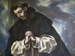 10B St Dominic in Prayer - El Greco 1605-10 - detail Dominic kneels in solemn devotion before the crucifix Sacristy Toledo Cathedral Spain