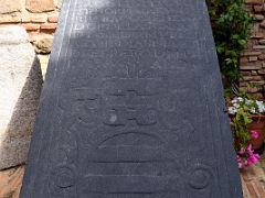 10B Sepulchral tombstone of a knight who was buried in 1585 in the Courtyard of Museo Sefardi in El Transito Synagogue Toledo Spain